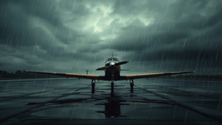 Student pilot training aircraft on the ground during Chennai monsoon season weather