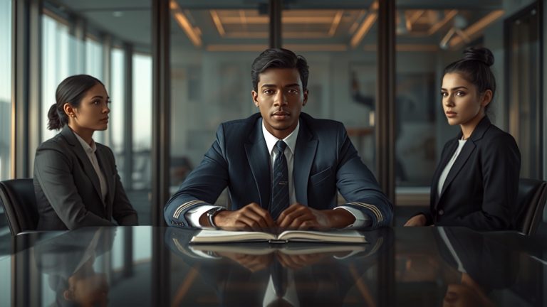 Aspiring commercial pilot with a logbook sitting across from airline interview panelists