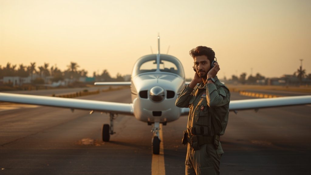 Student pilot in flight gear walking toward a training aircraft on the tarmac at sunrise