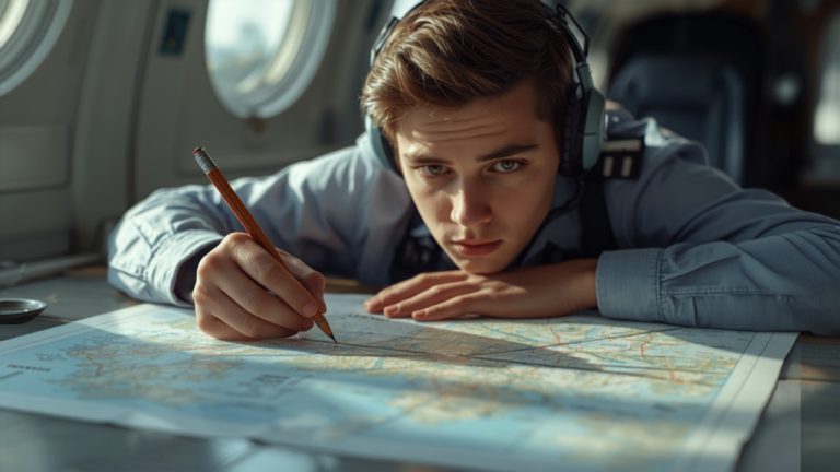 Student pilot planning a cross-country flight route on a chart in a briefing room