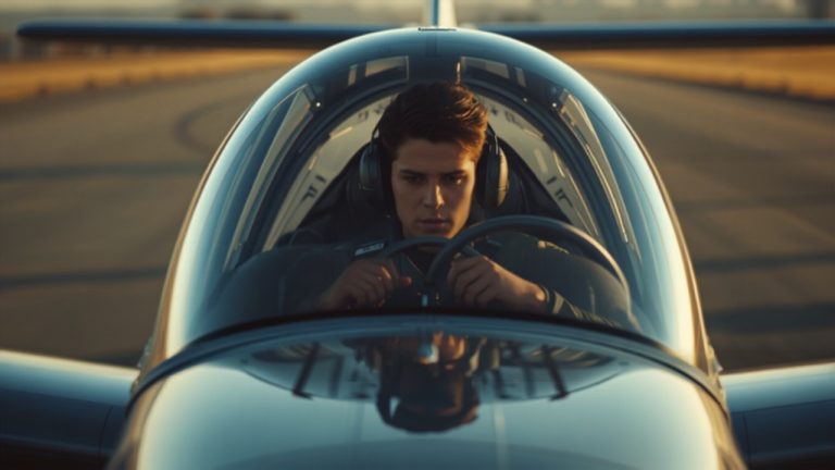 Student pilot alone in a small training aircraft cockpit preparing for a solo flight