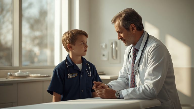 Student pilot having a routine aviation medical checkup with an examining doctor