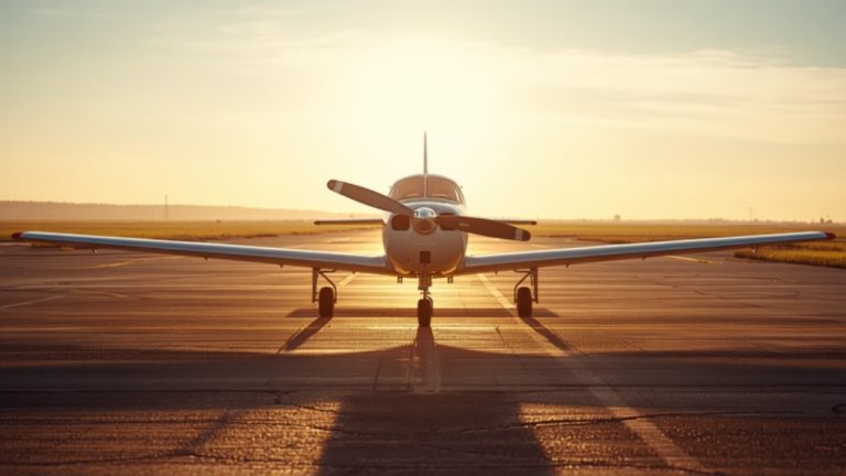 Flight training aircraft on a runway apron at sunrise with logbook nearby