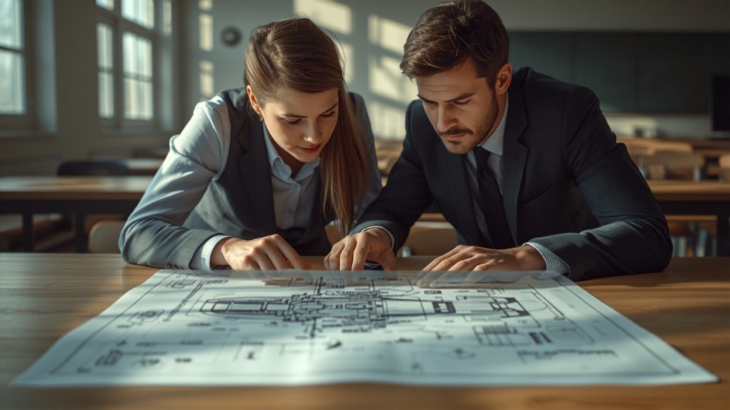 Student pilot studying an aircraft systems diagram with an instructor in a ground school classroom