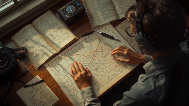 Student pilot studying navigation charts and aviation textbooks in preparation for DGCA ground subject exams