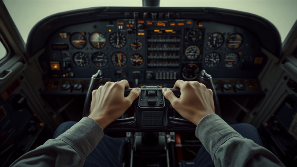 Student pilot seated at flight simulator controls during a training session with instructor observing