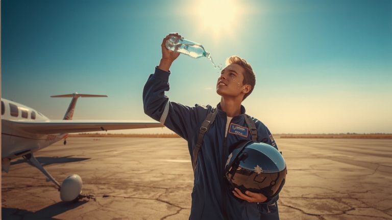Student pilot in flight training gear hydrating with a water bottle on a sunlit airfield tarmac