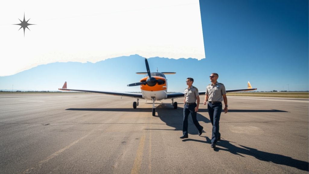 Flight training aircraft parked on an academy apron with instructor and student walking toward it
