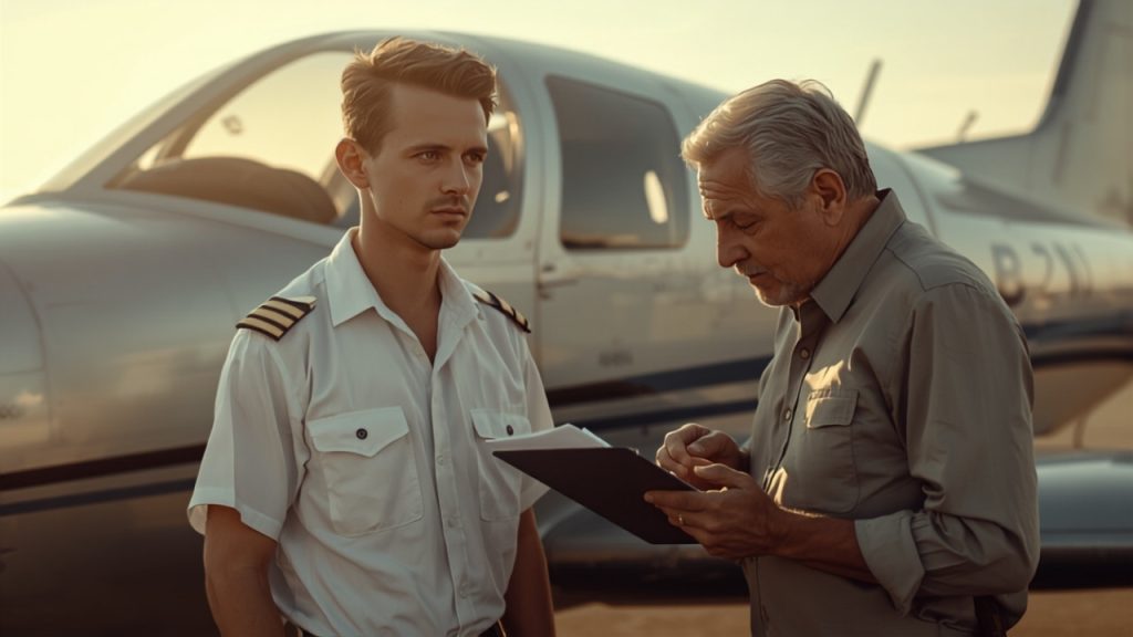 Student pilot and DGCA examiner reviewing flight documents before a skill test