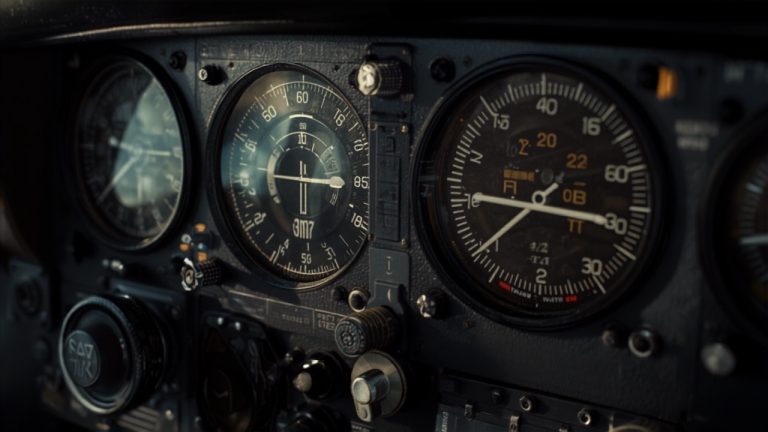 Cockpit instrument panel showing a VOR navigation dial and heading indicator