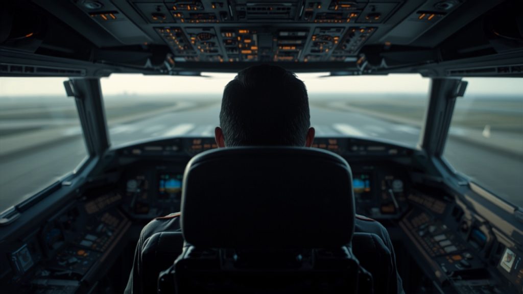 Airline pilot in the cockpit of a commercial jet reviewing instruments before flight