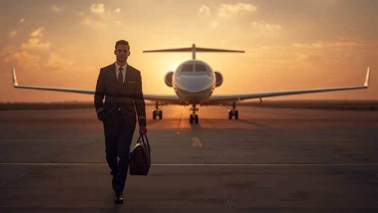 Newly licensed commercial pilot in uniform walking toward a passenger aircraft on the tarmac