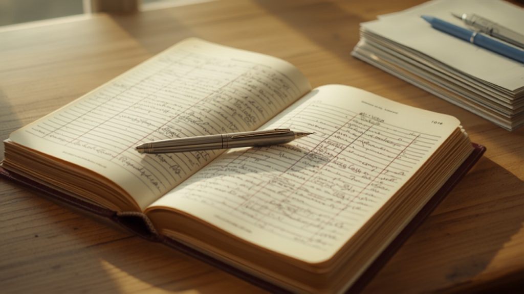 Student pilot filling in a paper flight logbook beside a folder of documents on a wooden desk near a window