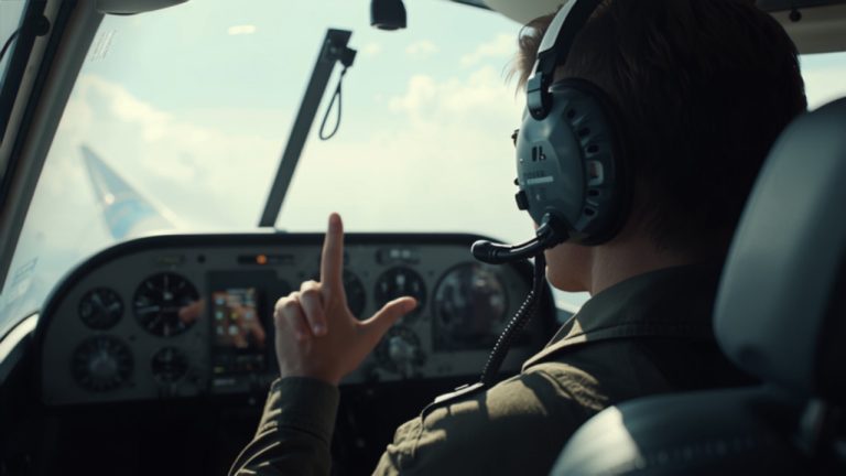 Student pilot speaking into an aircraft radio headset during flight training