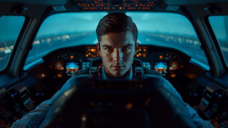 Student pilot practicing procedures in a flight simulator training device before real flight hours