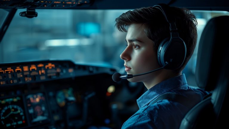 Student pilot wearing a headset in a cockpit preparing for the ICAO Aviation English proficiency test