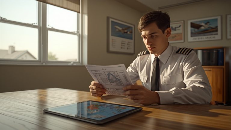 Student pilot in uniform reading a pre-flight NOTAM briefing document with a tablet showing aviation charts