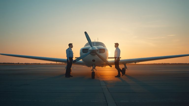 Student pilot and instructor doing a pre-flight inspection of a training aircraft in Chennai during golden hour