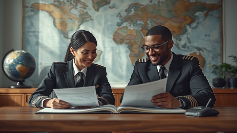 Two pilots reviewing licence conversion documents at a training academy