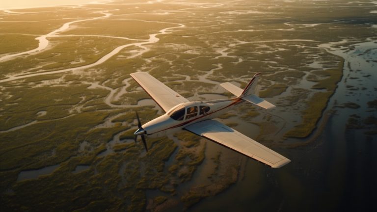 Aerial view of a single-engine training aircraft flying low over coastal marshland and estuary channels near Chennai at golden hour