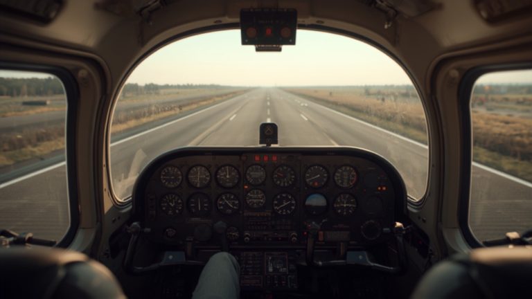 View from behind a student pilot's shoulder of a training aircraft cockpit instrument panel and control yoke, with the runway visible ahead