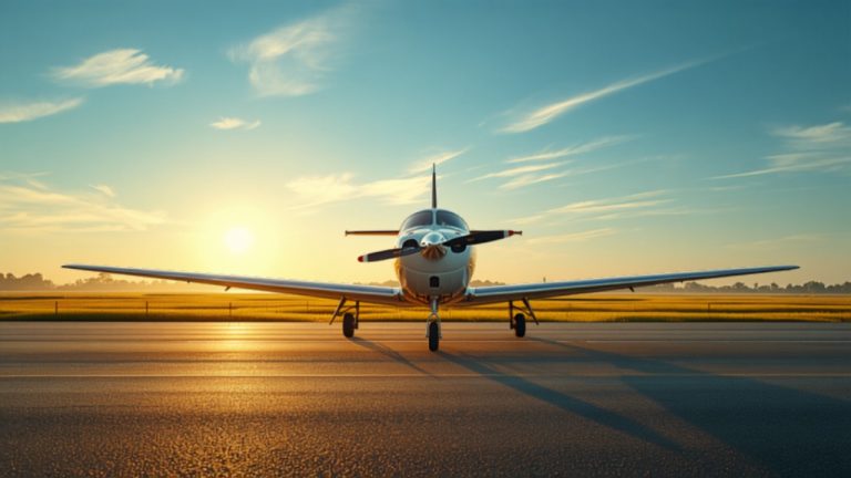 A single-engine training aircraft parked on a sunlit airfield tarmac in south India in early morning light, dew on the grass beside the runway
