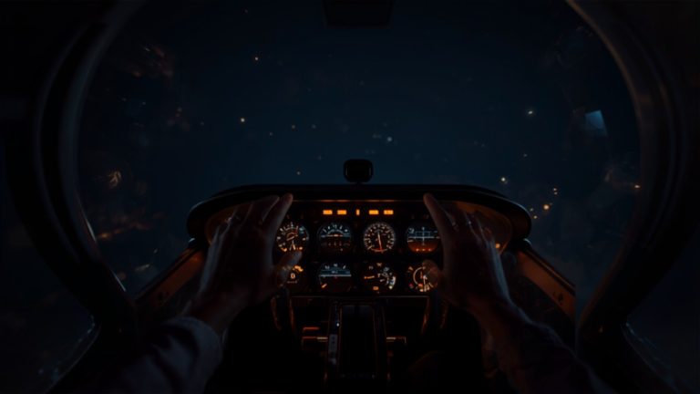 Cockpit instrument panel glowing during night flying training