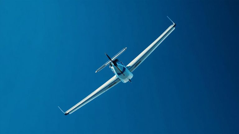Small training aircraft banked in a steep turn against a blue sky
