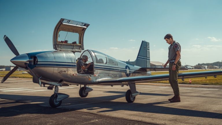 Student pilot and instructor inspecting aircraft loading before a training flight