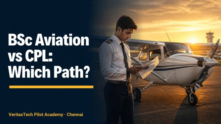 Student pilot reading a navigation chart beside a training aircraft at sunrise, with the title BSc Aviation vs CPL: Which Path?