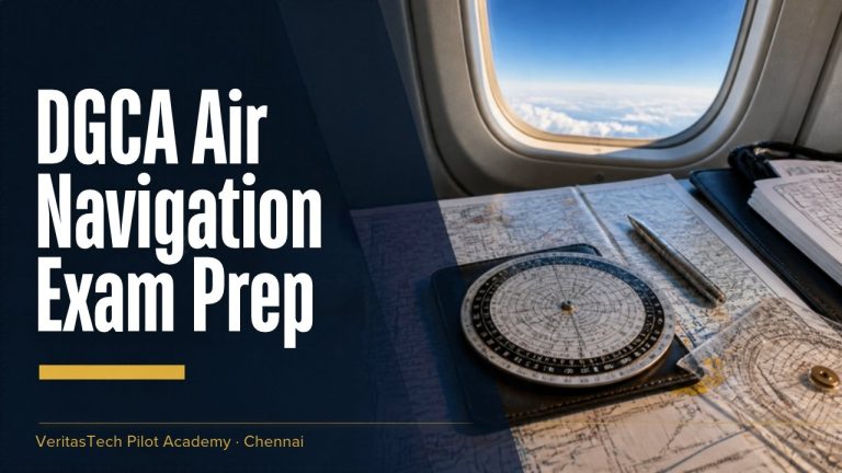 Navigation chart, flight computer and plotter by an aircraft window, with the title DGCA Air Navigation Exam Prep