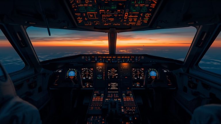 Aircraft cockpit instrument panel lit by a warm sunset, illustrating the DGCA OLODE on-demand exam